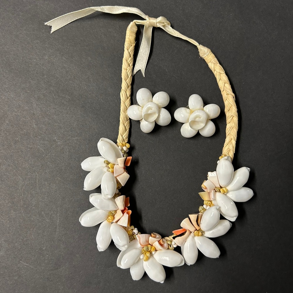 Vintage Shell and Raffia Jewelry Set Women‎ Coastal Boho Hawaii Tropical